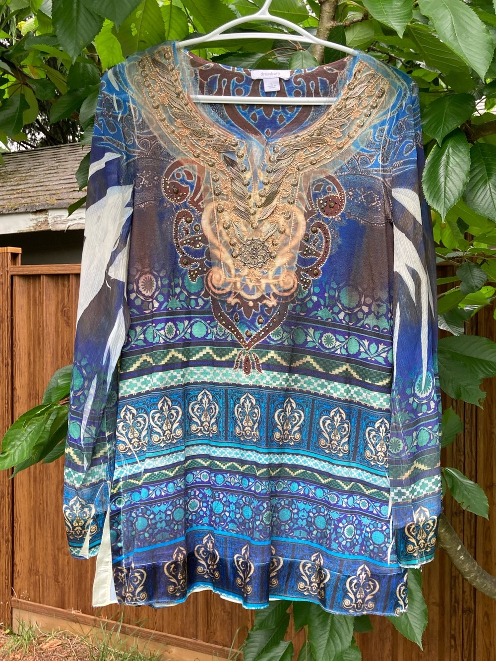 Dress Barn Blue & Teal Embellished Boho Tunic